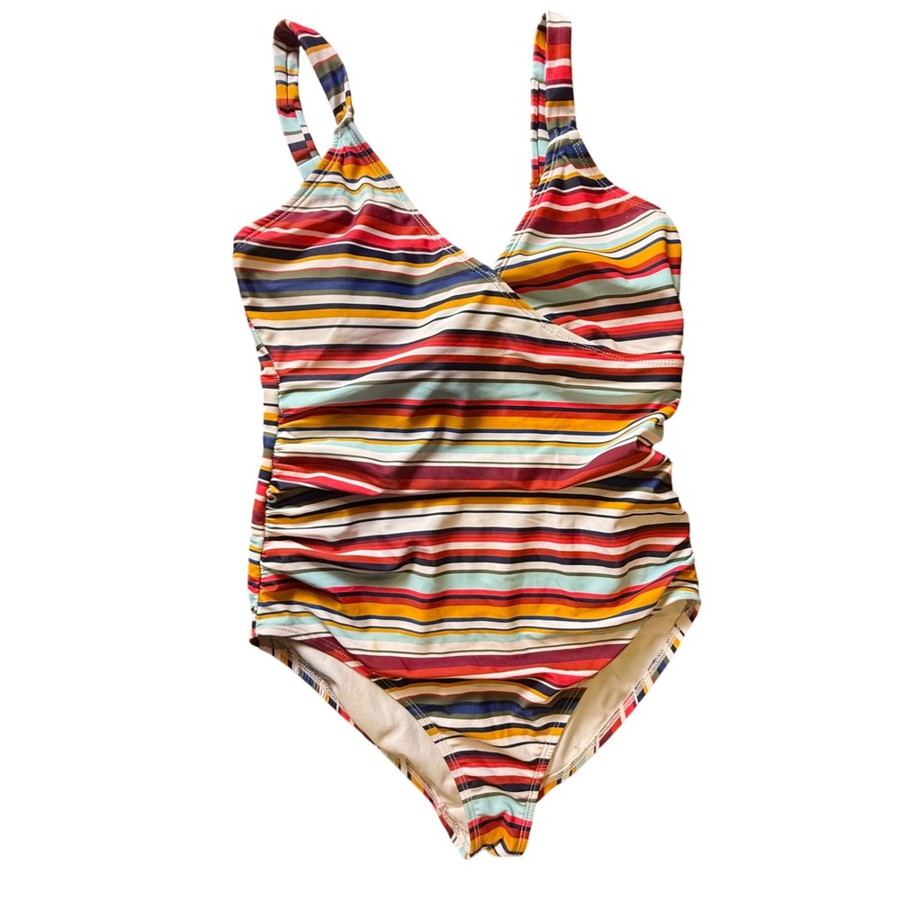 Striped One Piece Swimsuit Womens Size 10 V Neck Colorful